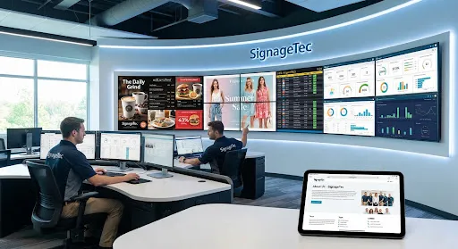 Digital signage command centre showing multi-zone displays