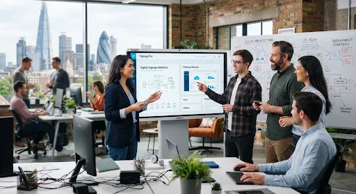 Open-plan technology office with digital signage screens