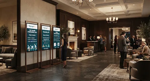 Boutique hotel lobby with concierge digital signage totems showing agendas and local excursions