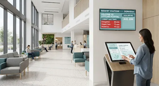 Hospital lobby with wall-mounted wait time displays and a touchscreen check-in kiosk