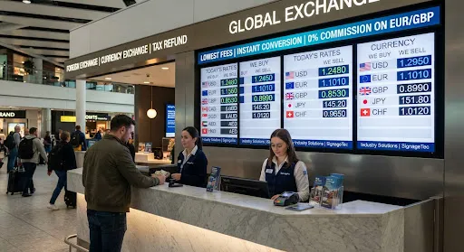 Foreign exchange bureau with digital rate boards showing live currency buy and sell prices