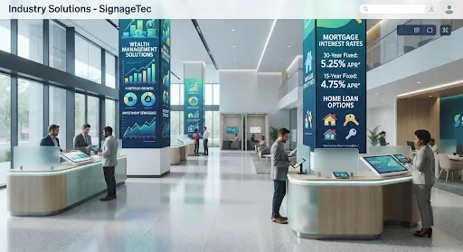 Bank branch hall with floor-to-ceiling digital signage showing mortgage rates and wealth management offers