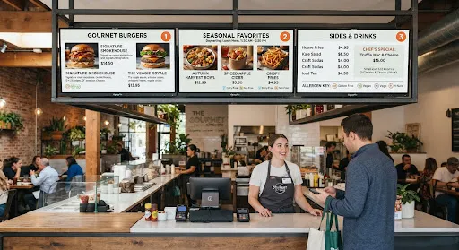Quick service restaurant counter with three synchronised overhead digital menu boards