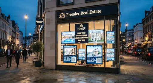 Estate agent window with bright digital property listing displays