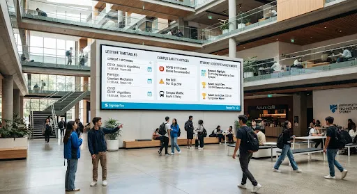 University atrium with a multi-panel digital wall showing lecture timetables and campus notices