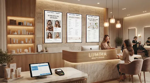 Beauty salon reception with slim portrait screens showing hair styling and skincare treatments